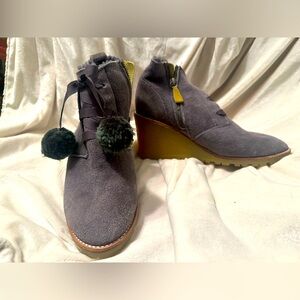 Boden Suede Shearling Pompon Wedge Booties